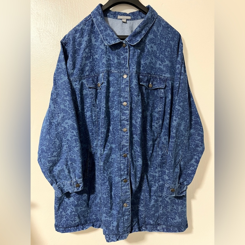 Vintage Jessica London Plus Size Denim Jacket 34W Floral Print Shacket Oversized